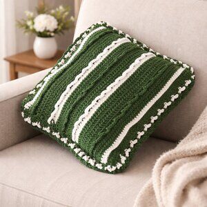Handmade Crocheted Green & White Textured Pillow | Cottagecore | Farmhouse Decor